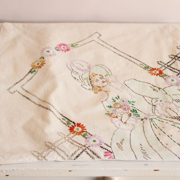 Vintage 1940s Throw Pillow Cover, Embroidered Lady And Flowers Pillowcase - Picture 4 of 10
